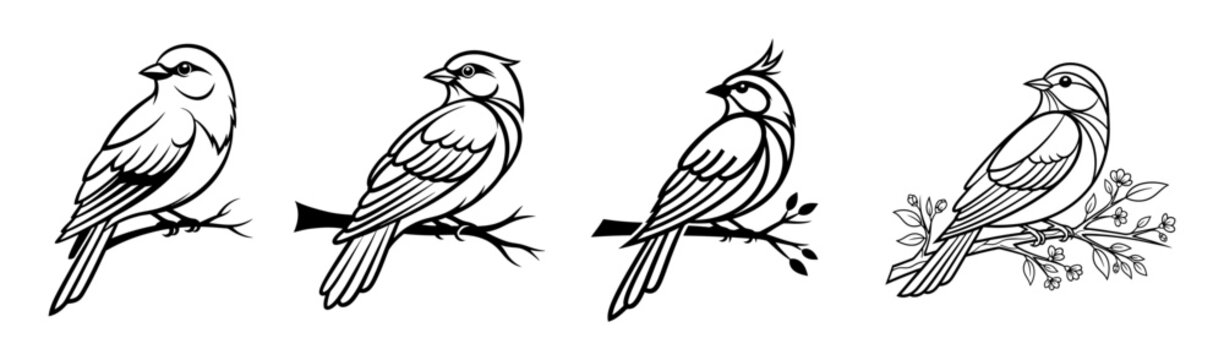 Collection of diverse small birds, detailed vector illustrations. Black and white avian line art set