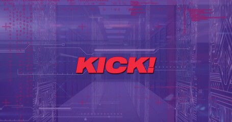 Animation of kick text with data processing over server room - Powered by Adobe