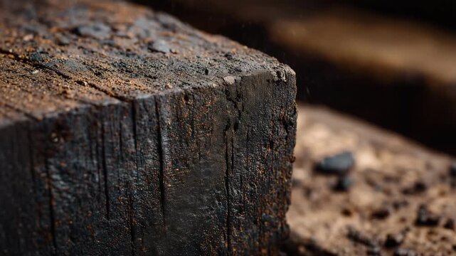 59Close-up shot of a charcoal block with visible compression lines and natural imperfections, gritty texture and dark tone emphasized, soft-focus background, professional stock mater