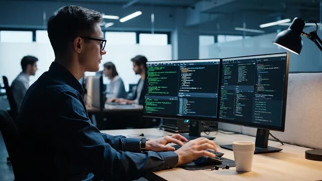 Programmer types code on computer with multiple monitors in office. Developer works at desk writing code on monitor display. Programmer coding software at workplace with team nearby in office.