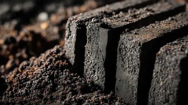 62Close-up shot of a charcoal block with visible compression lines and natural imperfections, gritty texture and dark tone emphasized, soft-focus background, professional stock mater