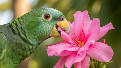 Obraz premium Green Parrot Feeding on Pink Flower.