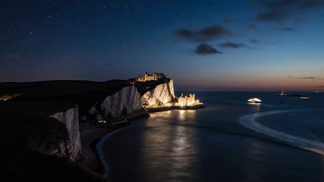 Dover White Cliffs and Castle Day to Night Time-Lapse 4K Video
