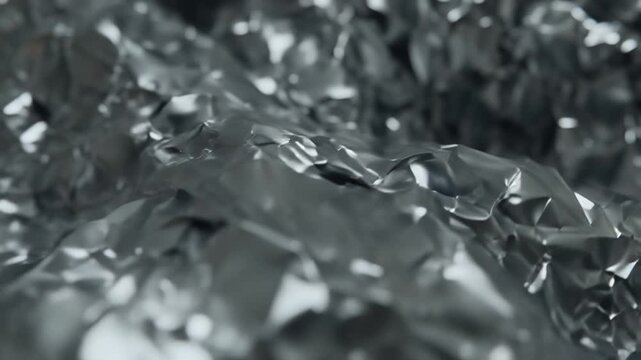 4K cinematic video, liquid silver foil metallic texture flowing folding slow motion, ambient glowing reflections light beams glinting shiny surfaces, metallic leaf pattern, futuristic abstract motion