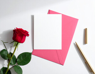 Elegant romantic gesture red rose, blank card, and pen for a heartfelt message
