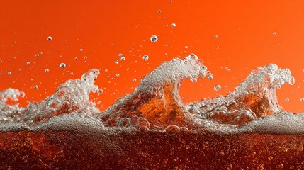 Dynamic Brown Liquid Splash with Bubbles Against Vibrant Orange Backdrop Creates a Refreshing Wave with Glossy Texture and Sparkling Motion in Studio Shot