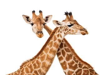 Obraz premium Two giraffes with necks crossed on white background, isolated on a transparent background