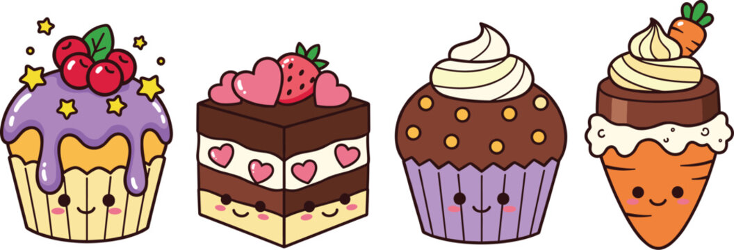 Cute kawaii dessert vector set with cupcakes, cake slice and carrot ice cream characters