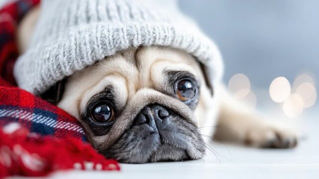 Cozy Pug in Winter Attire: A charming pug, clad in a cozy hat, lounges amidst a warm, plaid scarf, embodying winter comfort and charm. 