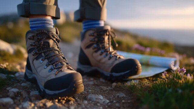96Close-up of hiking boots on gravel trail at sunrise, warm light highlighting textures of leather and rubber soles, socks and rolled map visible nearby, trekking adventure and trave