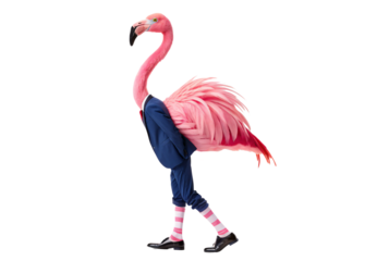 Flamingo with human legs wearing blue pants striped socks, isolated on a transparent background