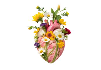 Anatomical heart with yellow daisies and pink wildflowers arrangement, isolated on a transparent background