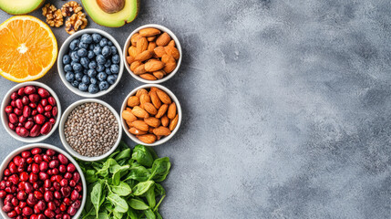 Almond blueberry pomegranate chia seed walnut avocado orange spinach and autophagy foods arranged on gray background