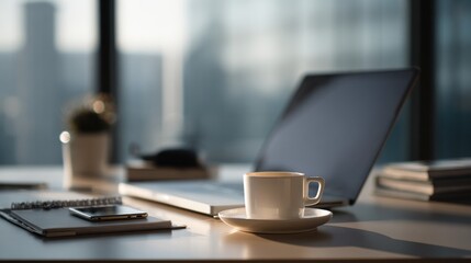 Morning productivity concept, cup of coffee on desk with laptop ready to work