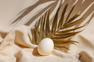 Easter Egg on Shimmering Gold Fabric with Palm Leaf Shadow in Creamy Background