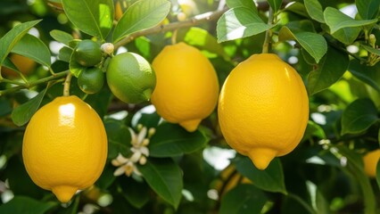 Ripe Lemons on Tree Branch with Leaves.