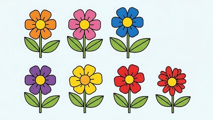 Set of seven cheerful graphic flowers with bright petals and green stems, ideal for spring, nature, or decorative design elements