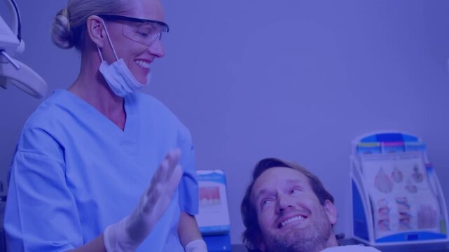 Animation of pattern and purple tint over patient in dentist chair and dentist