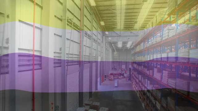 Animation of nonbinary pride flag over warehouse