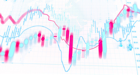 Futuristic hologram-style stock market chart with forex, crypto, and financial data visualized on a bright blur background conceptually displayed. 3D Rendering