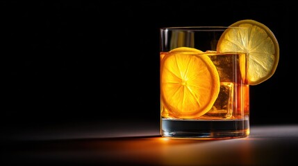 Refreshing old fashioned cocktail with lemon slice and dark background