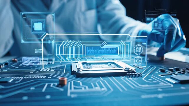 4K cinematic video, technician modern lab examining circuit board, wearing safety gloves, multi-angle PCB inspection, holographic thermal imaging heat distribution, X-ray visualization inner circuit