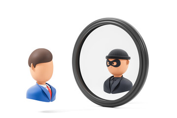 Businessman looking into mirror sees masked thief reflection, symbolizing dual identity or hidden nature, creative concept illustration. 3D Rendering
