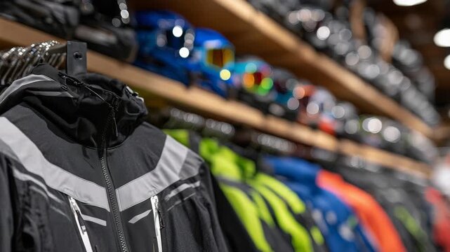 309Close-up of ski and snowboard jackets on hangers, helmets on top shelf, goggles arranged in neat rows, colorful winter sports retail visual, well-lit store interior