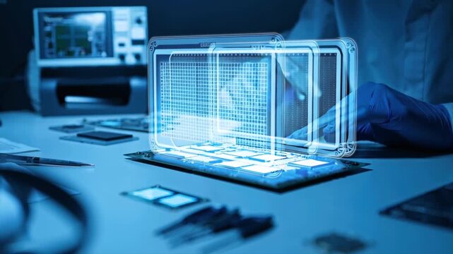 4K cinematic video, technician modern lab examining circuit board, wearing safety gloves, multi-angle PCB inspection, holographic thermal imaging heat distribution, X-ray visualization inner circuit