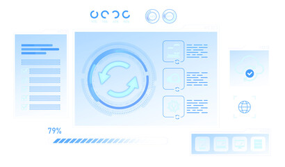 Futuristic user interface with data synchronization icons and progress indicators on light blur background, showcasing digital concept dashboard elements. 3D Rendering