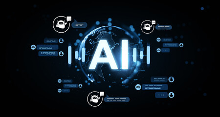 Futuristic AI chatbot interface with glowing hologram globe and digital speech bubbles on dark blur background, symbolizing artificial intelligence concept. 3D Rendering