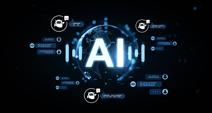 Futuristic AI chatbot interface with glowing hologram globe and digital speech bubbles on dark blur background, symbolizing artificial intelligence concept. 3D Rendering - Powered by Adobe