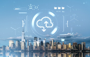Cloud computing concept with futuristic digital interface over city skyline and modern technology symbols on blue background in creative style.