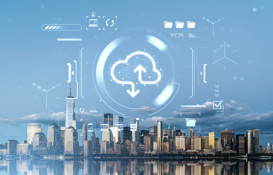Cloud computing concept with futuristic digital interface over city skyline and modern technology symbols on blue background in creative style. - Powered by Adobe