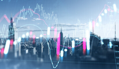 Stock market and forex trading chart overlays on New York Manhattan skyline, symbolizing global financial rise, investment, and economic future concepts.