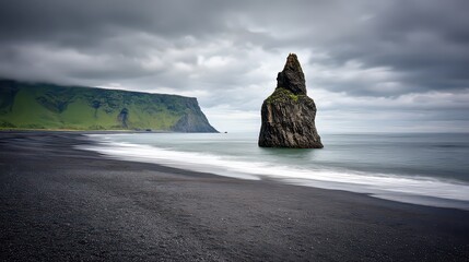 Dramatic Black Pebble Beach with Rock Formation Against Overcast Sky in Iceland