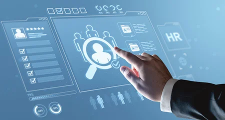 Fotobehang Diamanten Digital HR interface showing candidate selection process with futuristic holographic display on blue background, illustrating recruitment concept.  © ImageFlow