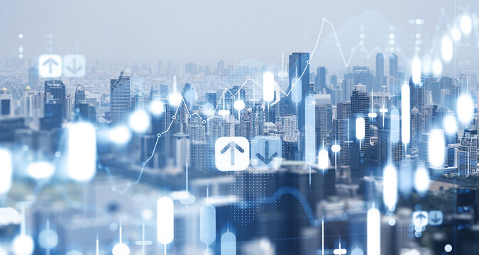 Digital stock market chart concept over modern cityscape background with investment and trading symbols representing forex, crypto, and market dynamics. - Powered by Adobe