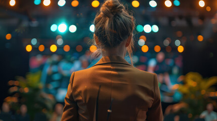 Confident Woman Public Speaking on Stage