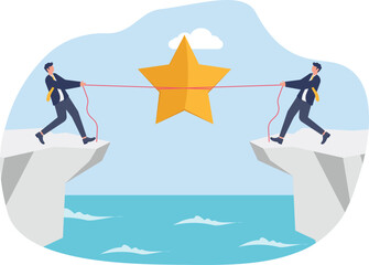 Obraz premium Two Businessmen Connecting Star Award Gap with Rope
