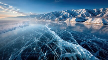 Frozen Lake Baikal with Snow Capped Mountains Under Bright Sunlight and Blue Sky Reflecting on Cracked Ice Surface Creating Beautiful Patterns