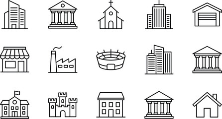 Set of Minimalist Outline Building Icons Including Office Skyscrapers Factory Stadium Church School Castle Bank Store House and Industrial Architecture Symbols for Urban Infrastructure © Hasan Creatives