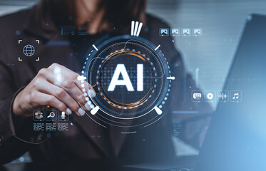 Futuristic AI interface concept with businesswoman interacting with digital elements on a technology-themed background in modern office environment.