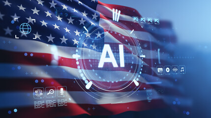 Futuristic AI technology concept with digital hologram interface over USA flag background symbolizing innovation and tech advancement in America.