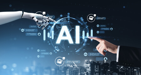 Human and robot hands touching AI hologram globe with futuristic digital interface over cityscape background, symbolizing artificial intelligence concept.