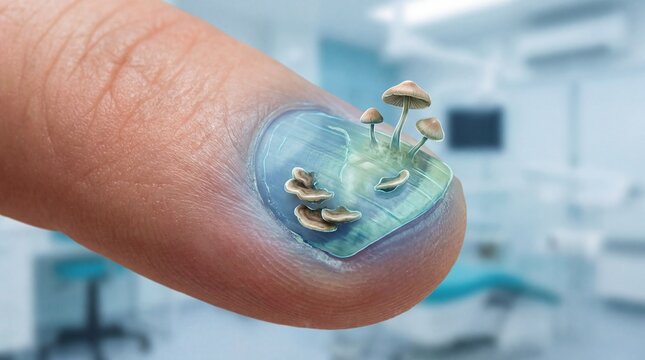 Close up of fungal nail infection conceptualized with small mushrooms on fingernail.