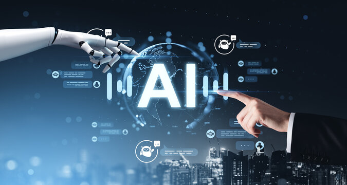 Human and robot hands touching AI hologram globe with futuristic digital interface over cityscape background, symbolizing artificial intelligence concept. - Powered by Adobe