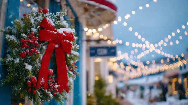 328Detailed close-up of festive wreath with red bow and pine snow, seasonal closure sign on shopfront, softly blurred holiday lights in background, winter small-town charm visual