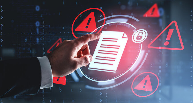 Cybersecurity document breach warning concept with hand interacting on futuristic digital interface background highlighting data risk alert symbols. - Powered by Adobe