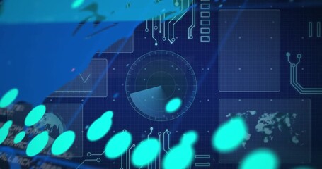 Animation of world map over interface with data processing against blue background - Powered by Adobe